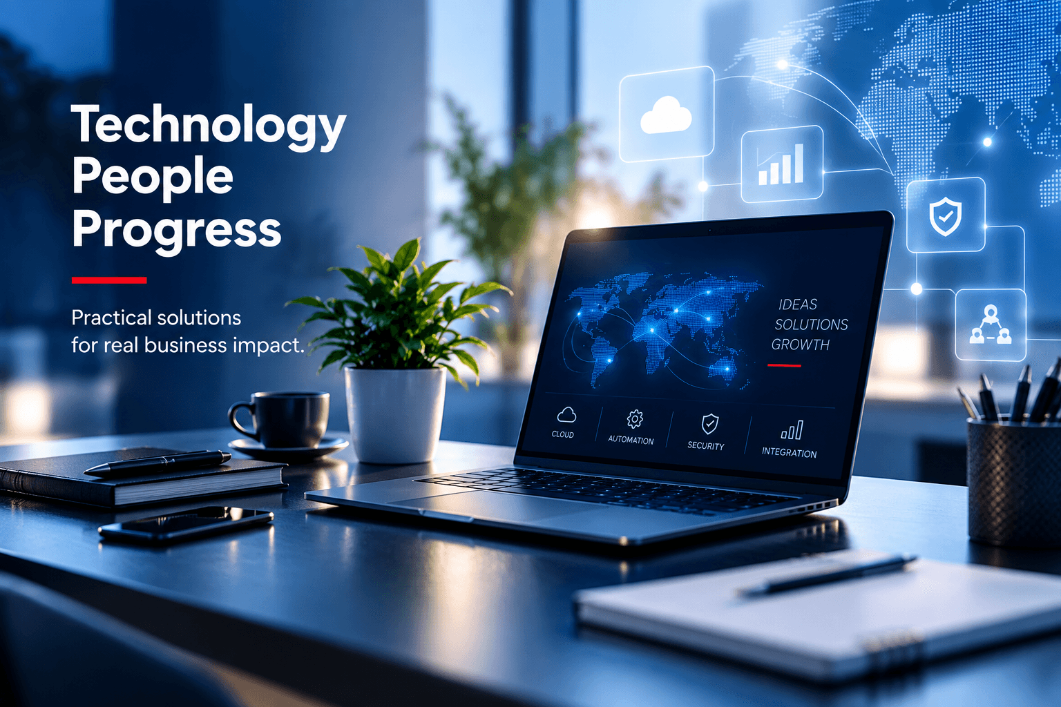 Modern technology workspace showing cloud, automation, security, and integration icons, with the caption Technology, People, Progress — practical solutions for real business impact